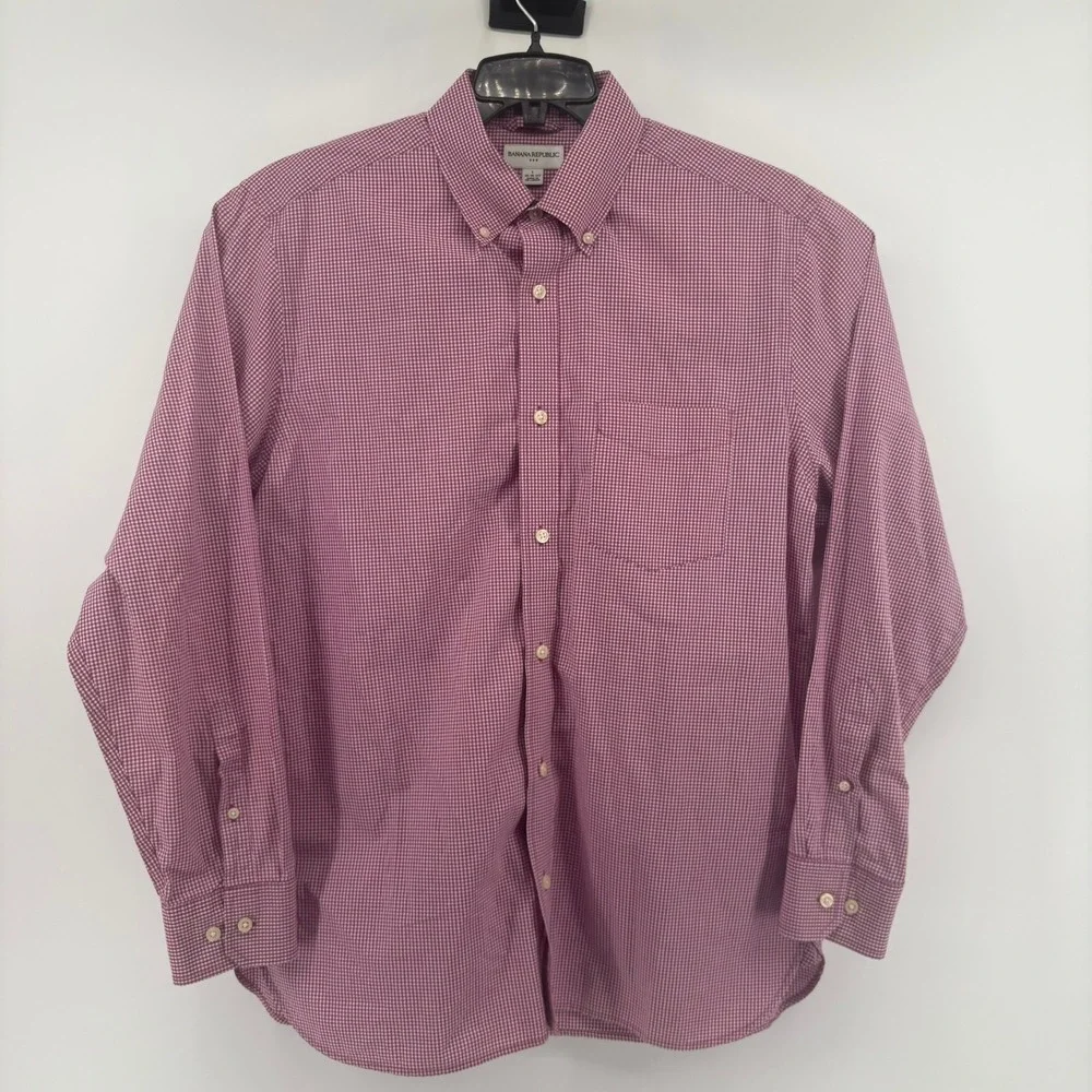Banana Republic Mens L Burgundy Gingham Cotton Button Down Shirt 16-16.5